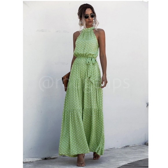Polka Dot Print Maxi Dress Tie Belt High Neck White Green Long Flared Halter - Picture 5 of 13